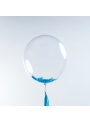 Kék konfettivel töltött buborkék lufi héliummal töltve, egyedi felirat és szár kérhető hozzá